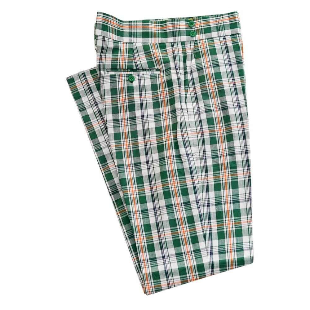 Mens 36 Green Orange Plaid Gurkha Pants Cotton Flat Front Slim Fit Trousers